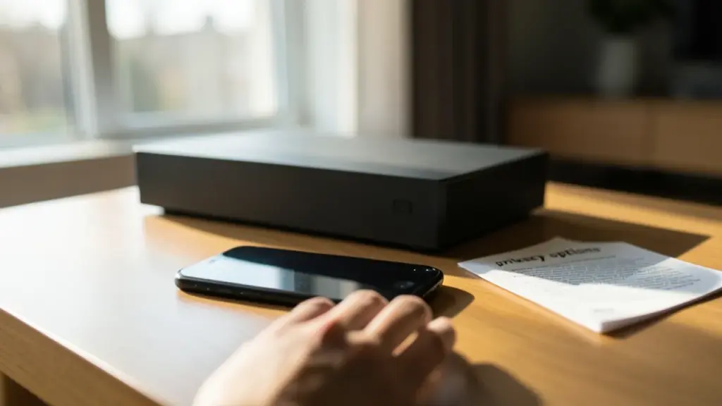 Hand choosing between phone and small home server on a table