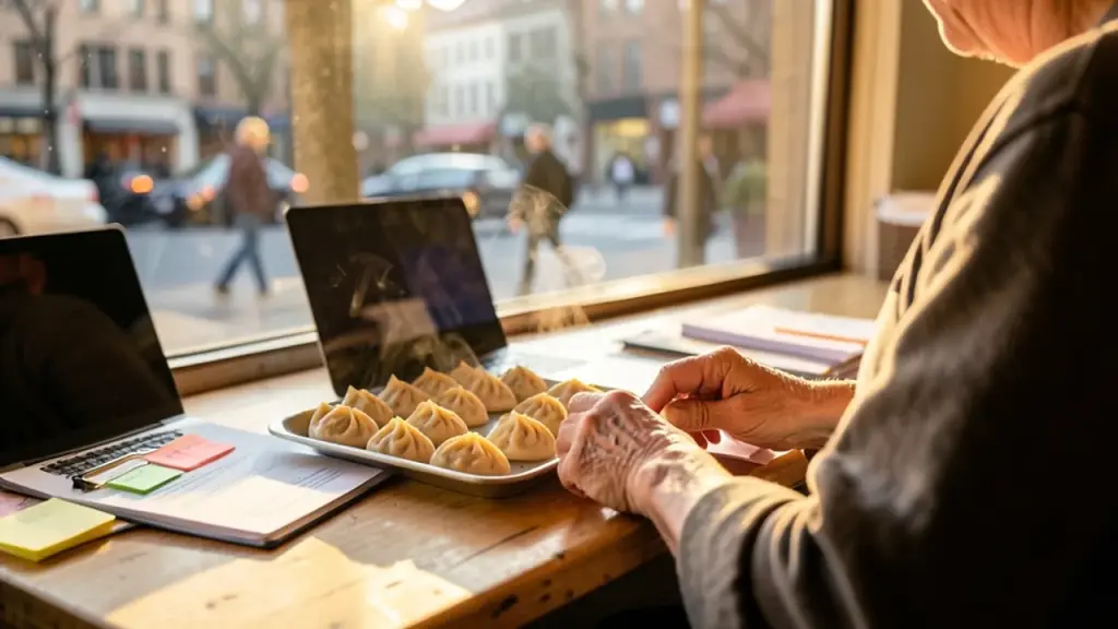Catering owner from behind preparing outreach envelopes with food tray on table