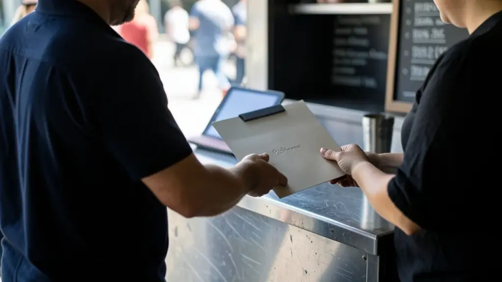 Staff handing a printed proposal folder to a customer at a food truck counter