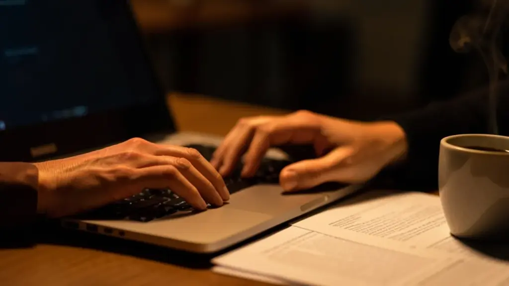 Hands on a laptop keyboard beside printed research papers at night