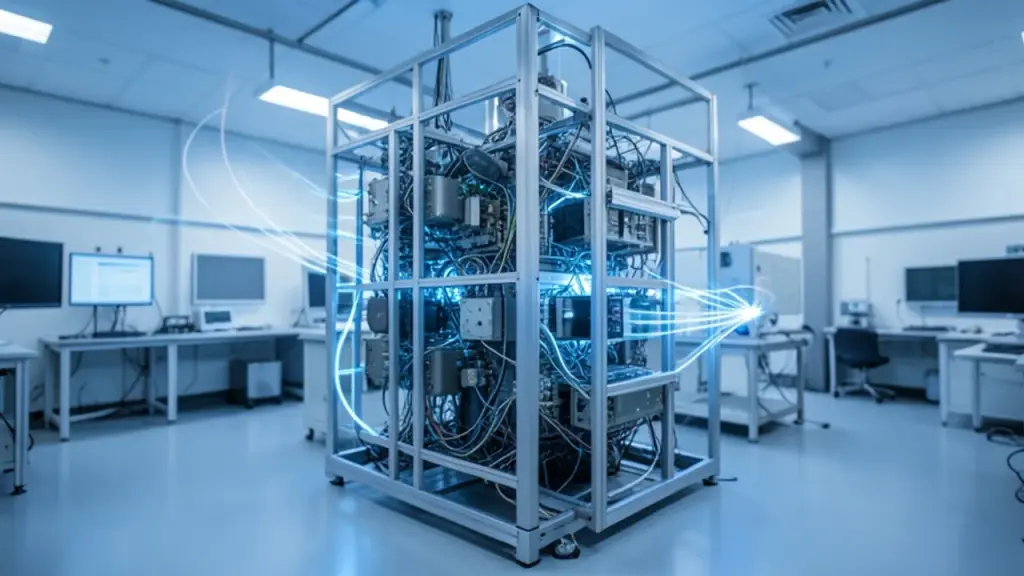 Large particle physics detector in a lab lit in soft blue
