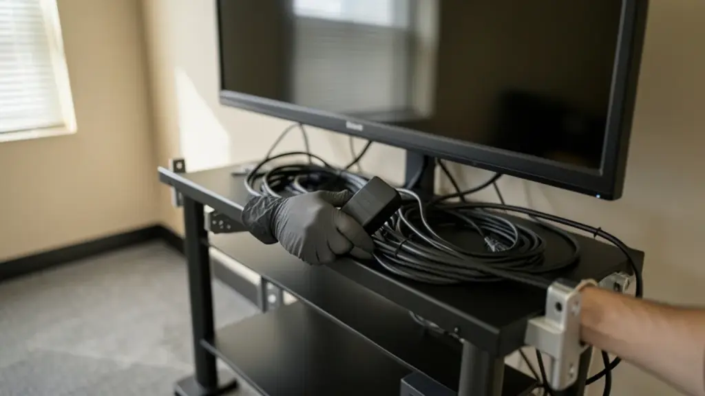 Gloved hand reaching toward hidden recorder under TV among cables.
