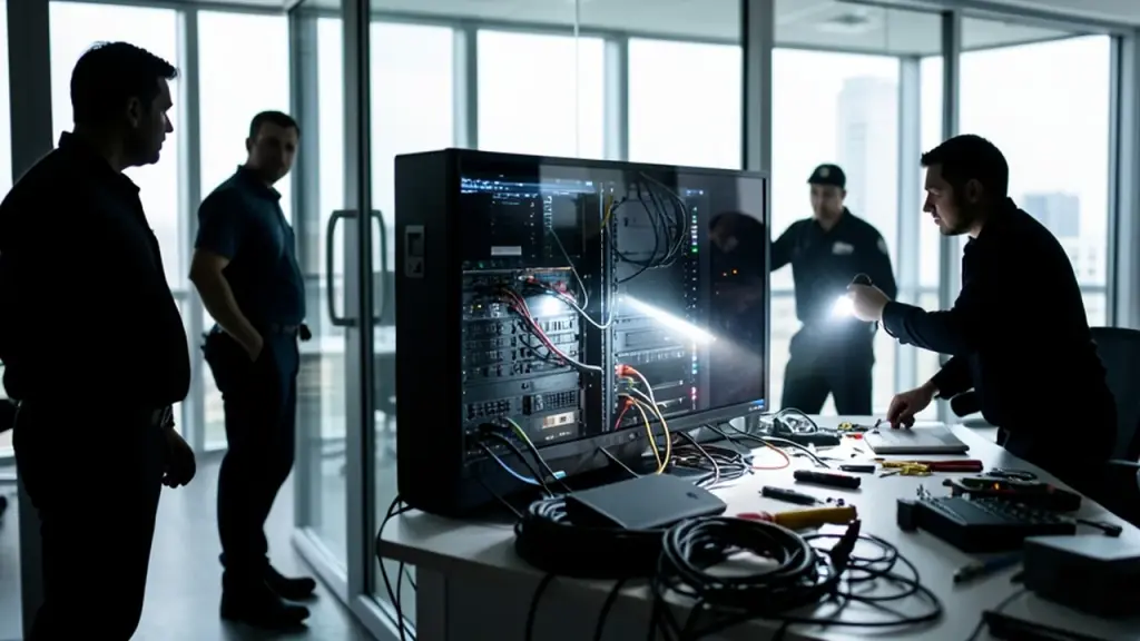 Employees watch security inspect conference room TV area for hidden recorder.