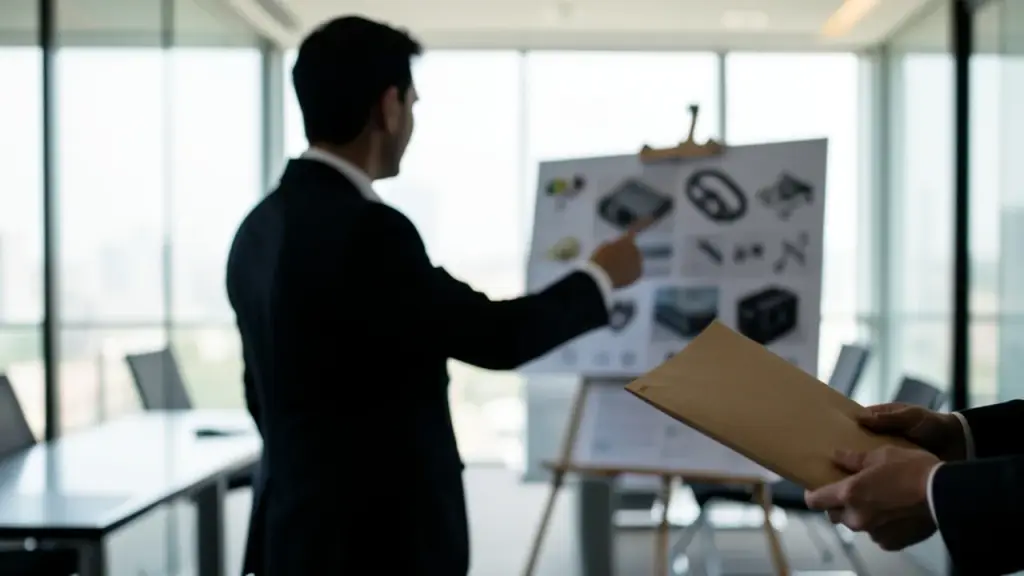 Silhouette presenting blurred hardware concept prints in a boardroom, hands holding an envelope.