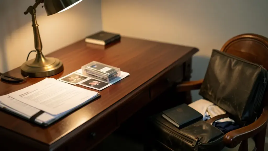 Home desk with printed documents and prototype photos next to a packed briefcase.
