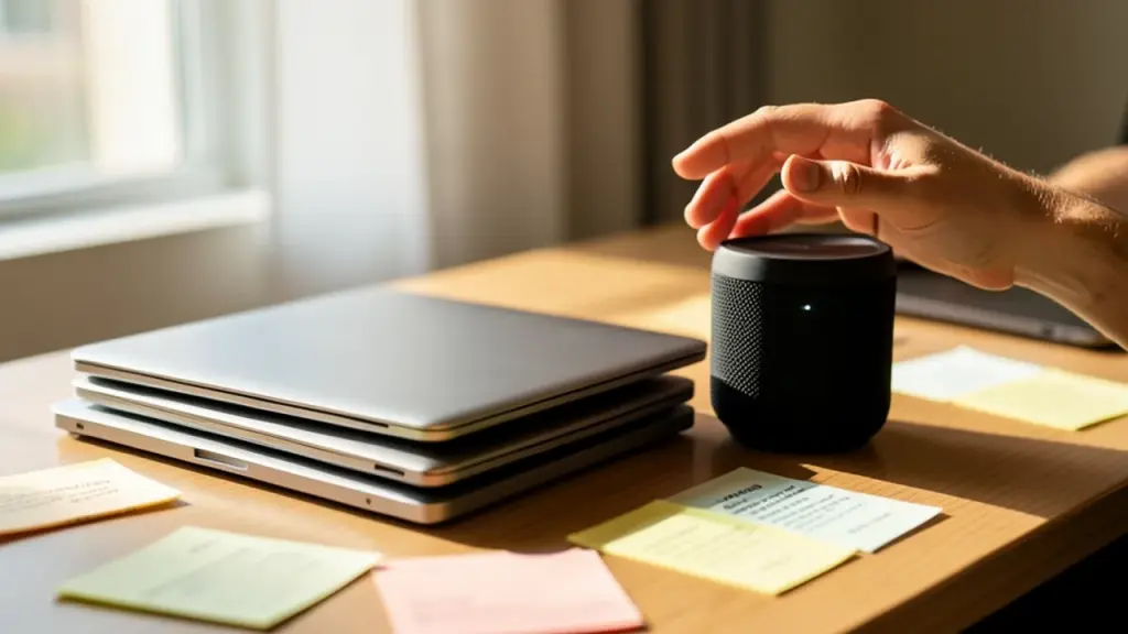 Home desk with closed laptops and smart speaker, hands gesturing