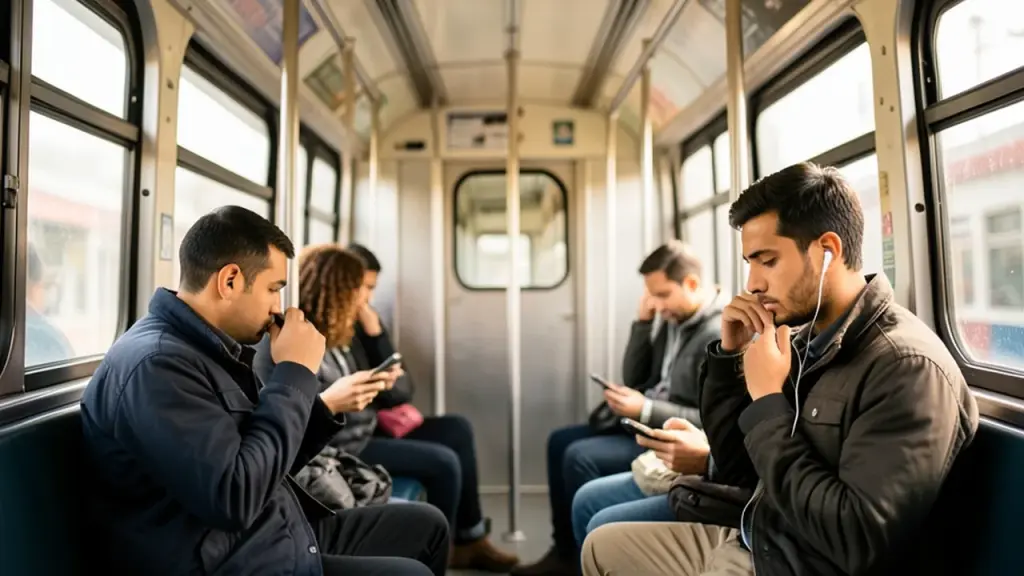 Commuters on light rail using earbuds and phones, one hand pausing audio
