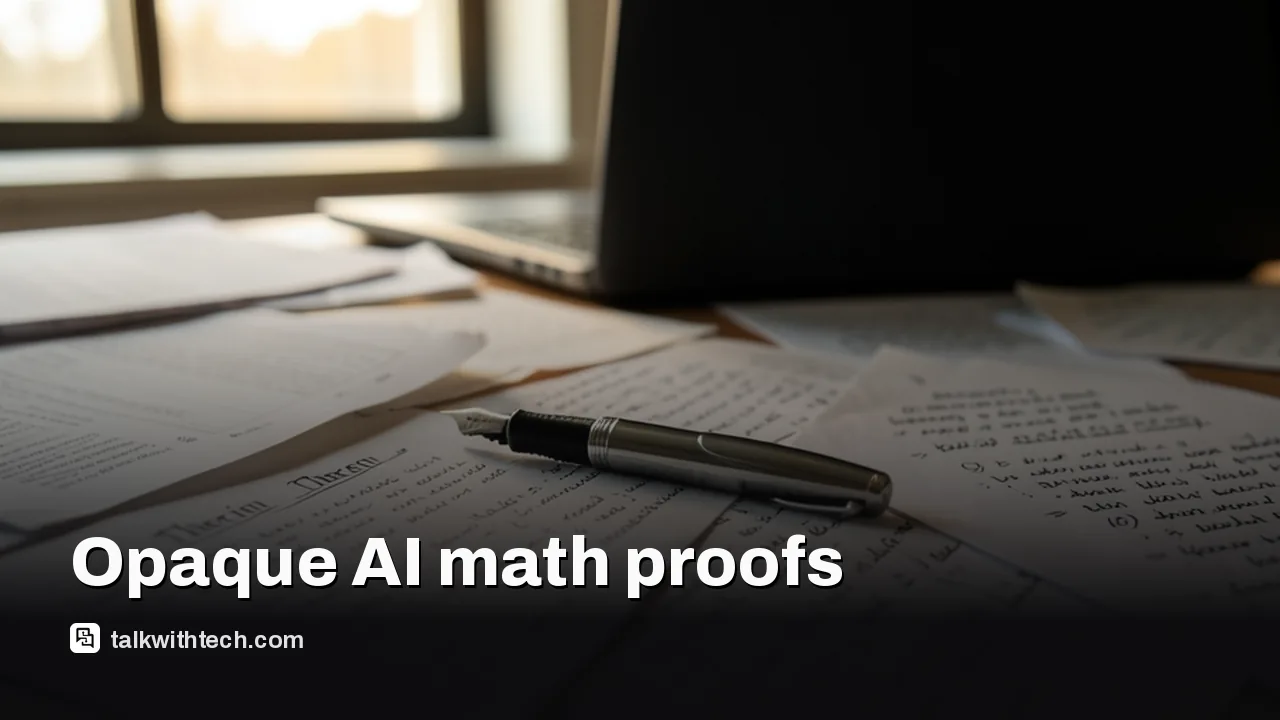 Table with printed math papers, notes, pen, laptop turned away