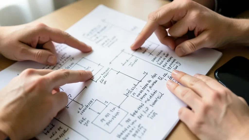 Hands pointing at annotated math papers and diagrams