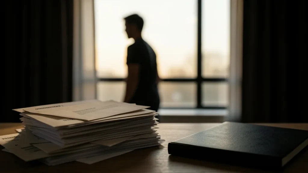 Silhouette at window with stack of manuscripts and closed notebook