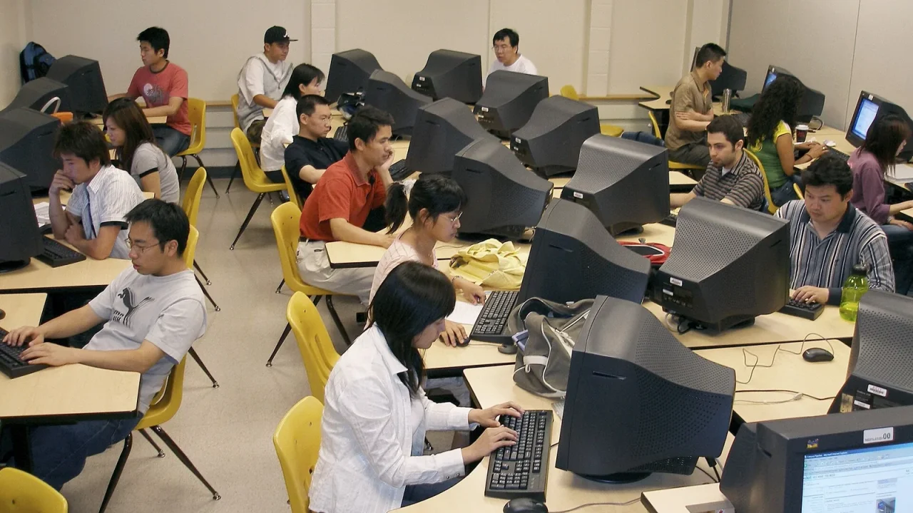 Data center with rows of servers in a lab setting