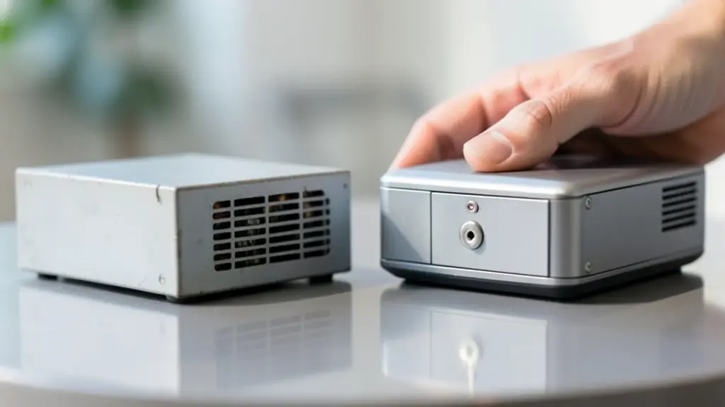 Hand hovering over a sleek enterprise AI appliance beside a simpler compact unit.