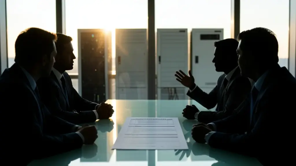 Silhouetted executives in boardroom discussing closed server units visible through glass.