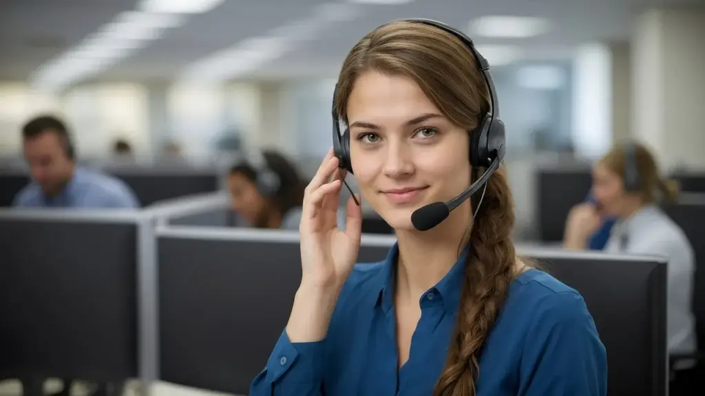 Customer service phone stack with a person working on a computer