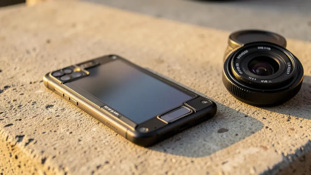 Phone with prominent rear camera module beside a compact camera on concrete.