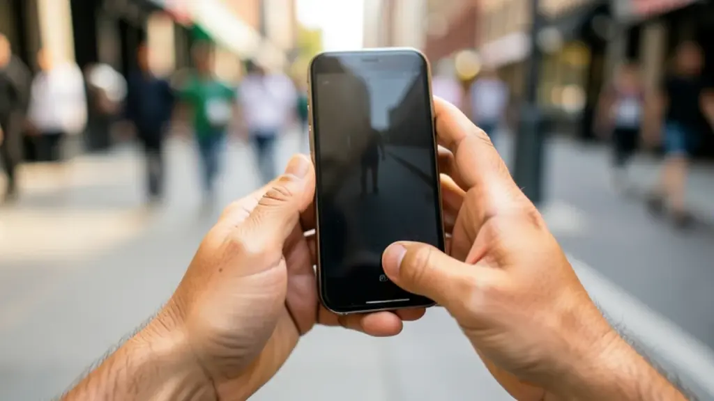 Hands holding phone at chest height composing a street photo on a sidewalk.