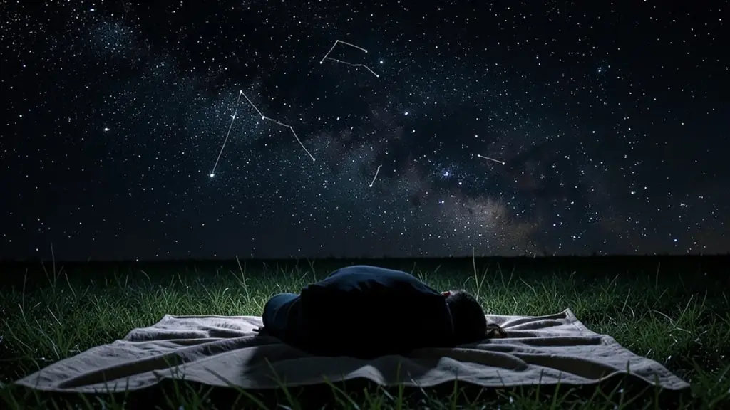 A person lying on a blanket in a dark field looking up at the stars
