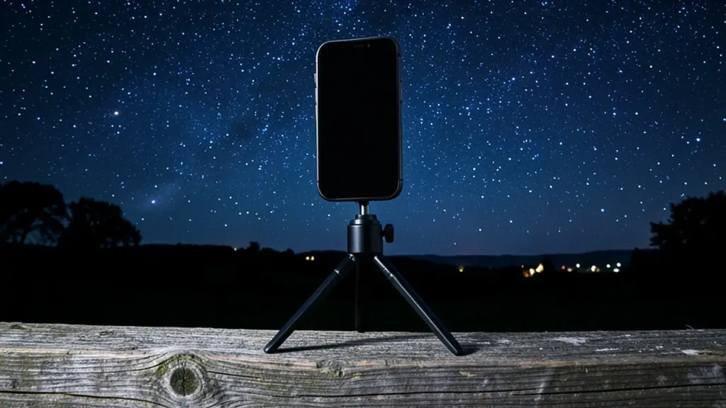 A smartphone on a small tripod pointed at a starry night sky