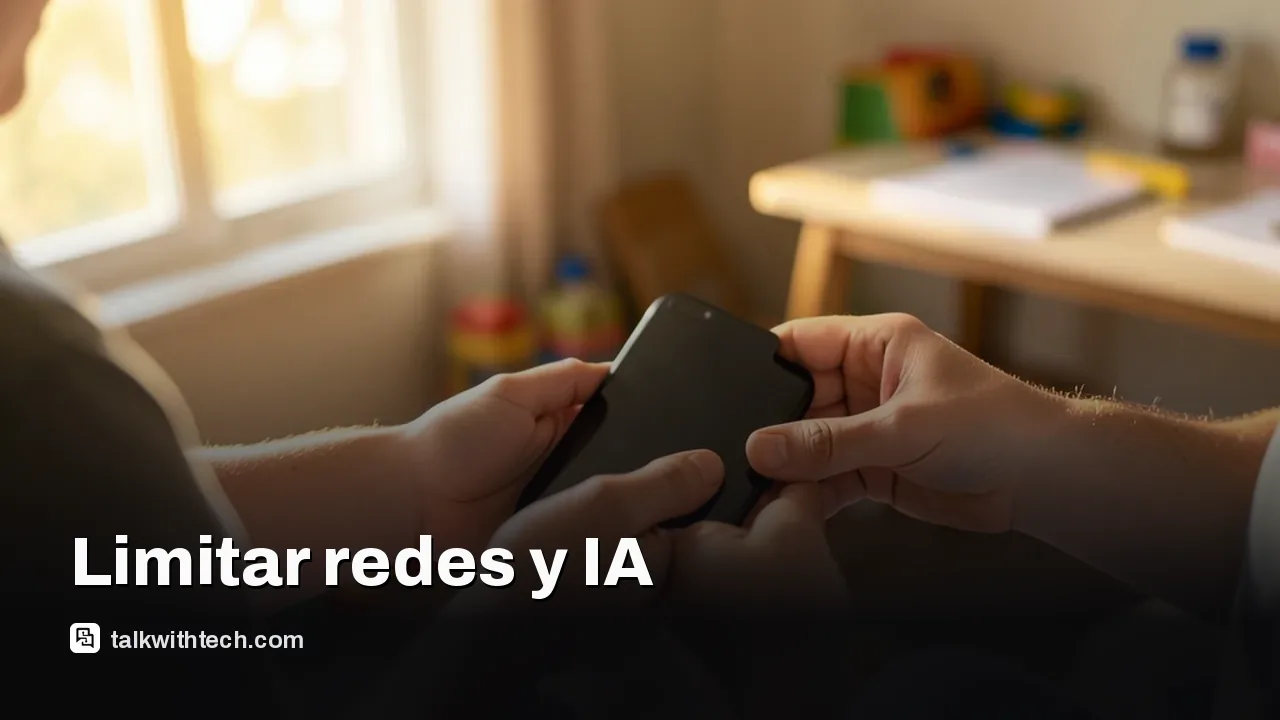 Padre quitando un smartphone a un adolescente en una sala, se ven manos y espaldas.
