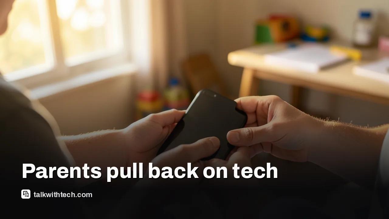Parent taking a smartphone from a teen in a living room, hands and backs visible.