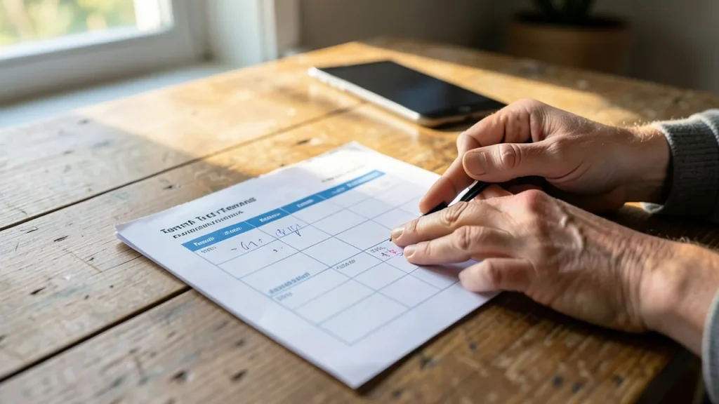 Hands pointing at a family tech schedule on a kitchen table, devices face down.
