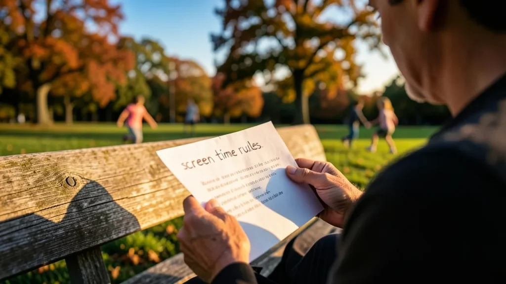 Parent on a bench holding a paper checklist about screen rules, children playing nearby.