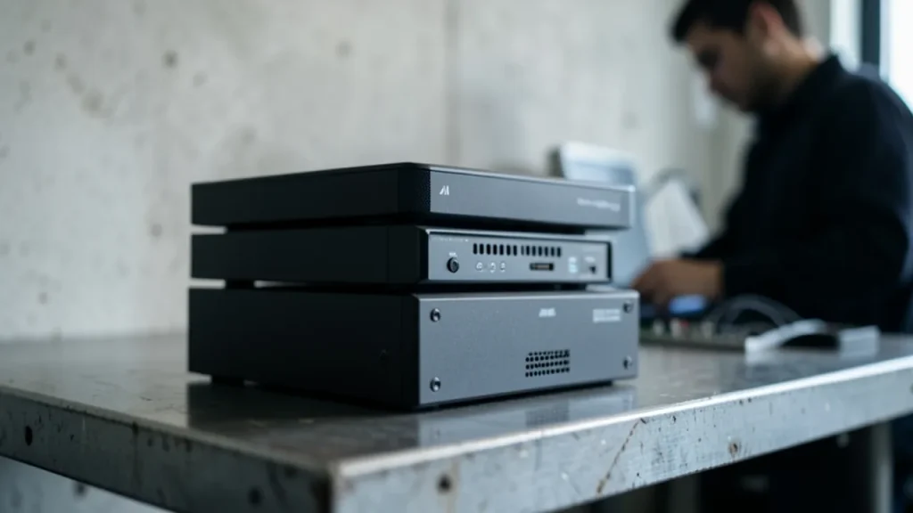 Technician in secure lab selecting cables beside stacked dark AI devices.