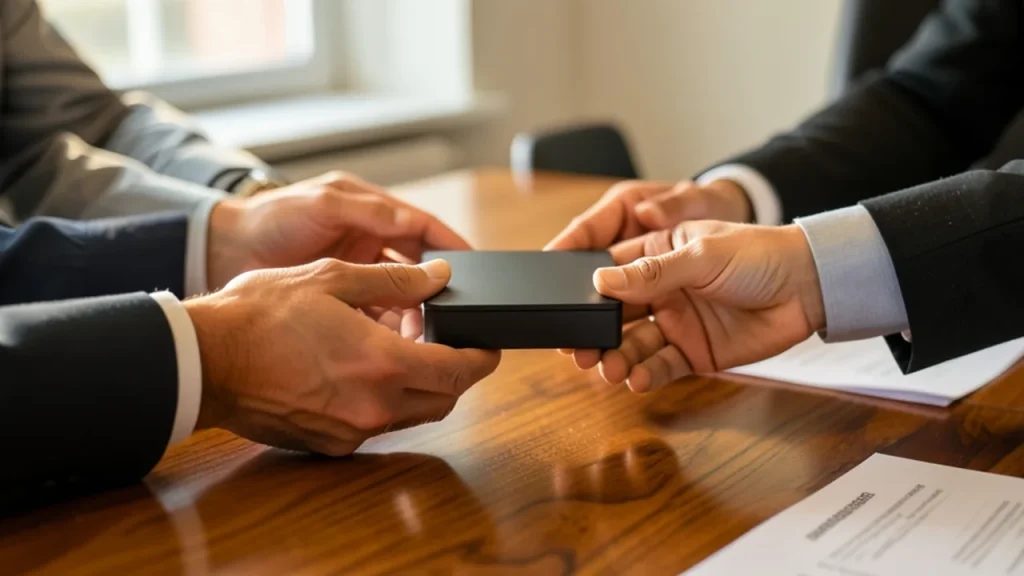 Multiple hands passing a matte AI hardware module across a conference table.