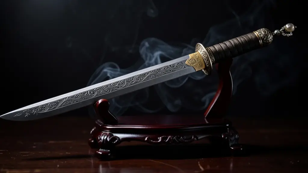 An ornate antique sword on a wooden stand