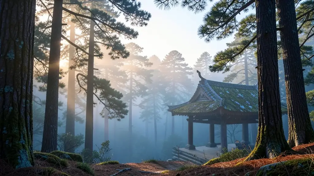 A misty mountain forest with a temple roof at dawn