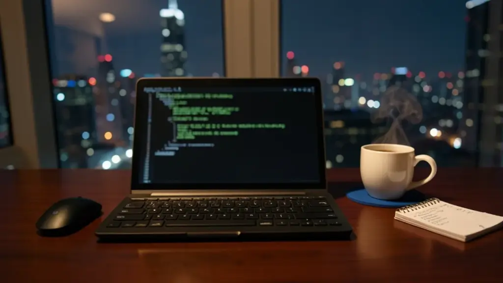 Laptop with blurred terminal on a desk at night