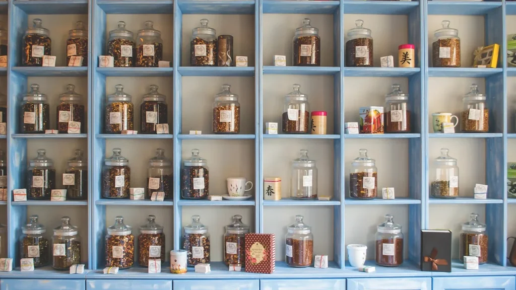 Spine- and cover-filled shelves in a record store