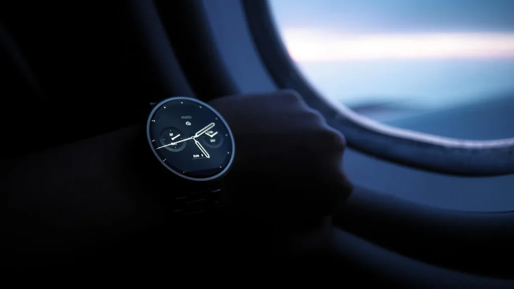 Close-up of a smartwatch on a wrist showing a customizable face