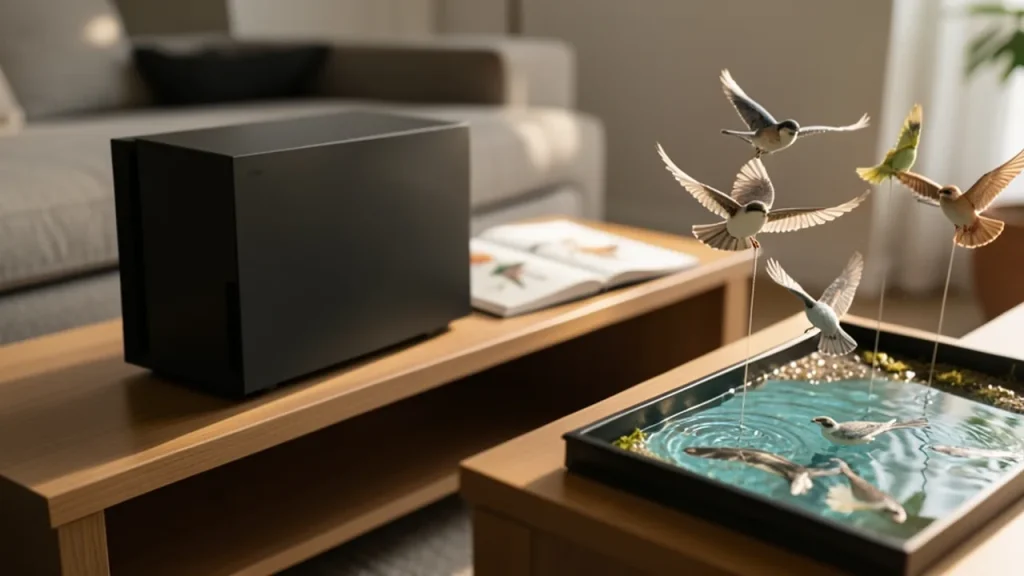 PS5 console near open wildlife book and habitat model on coffee table