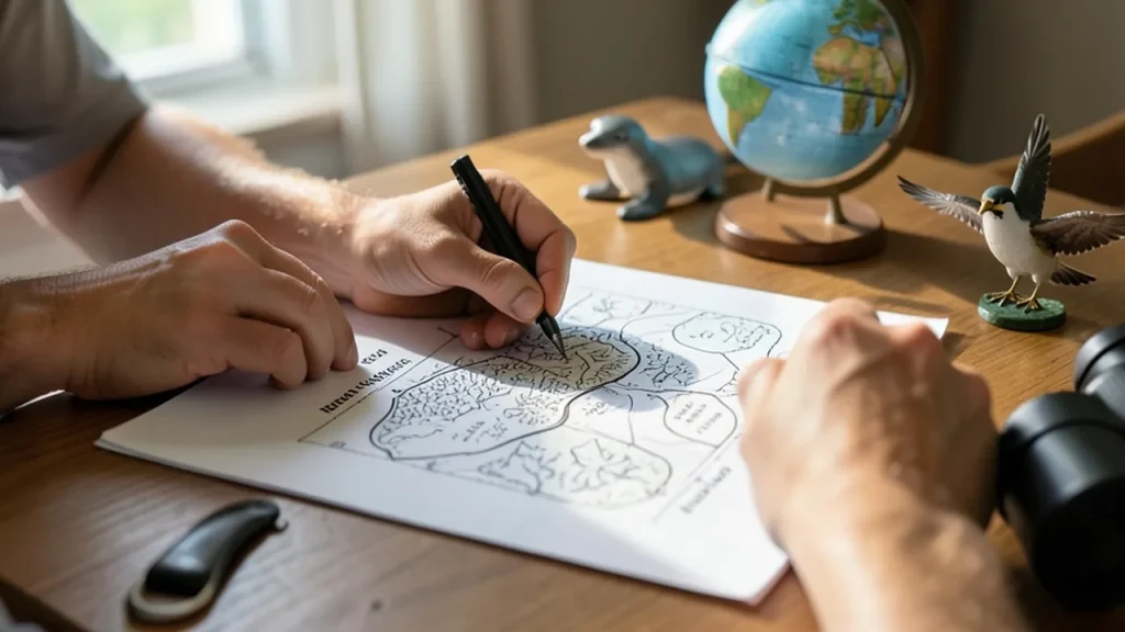 Hands sketching zoo habitat map with animal figurines and globe