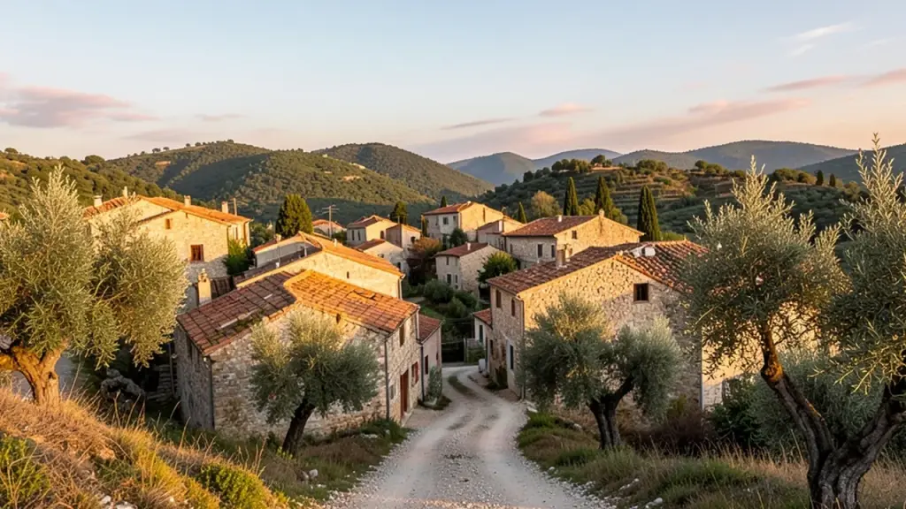 Old Sicilian hillside village at sunset