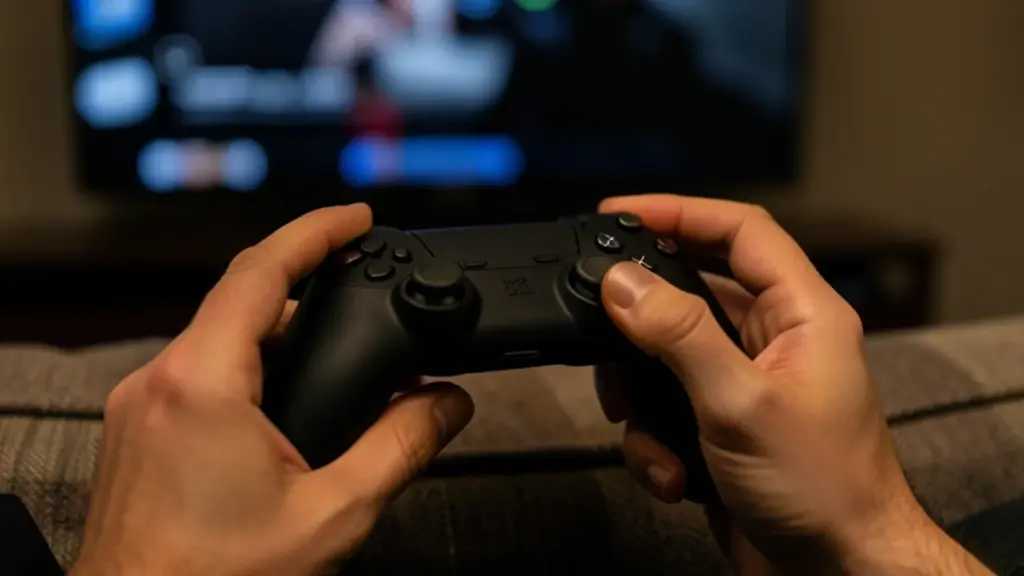 Hands holding a wireless gamepad on a sofa