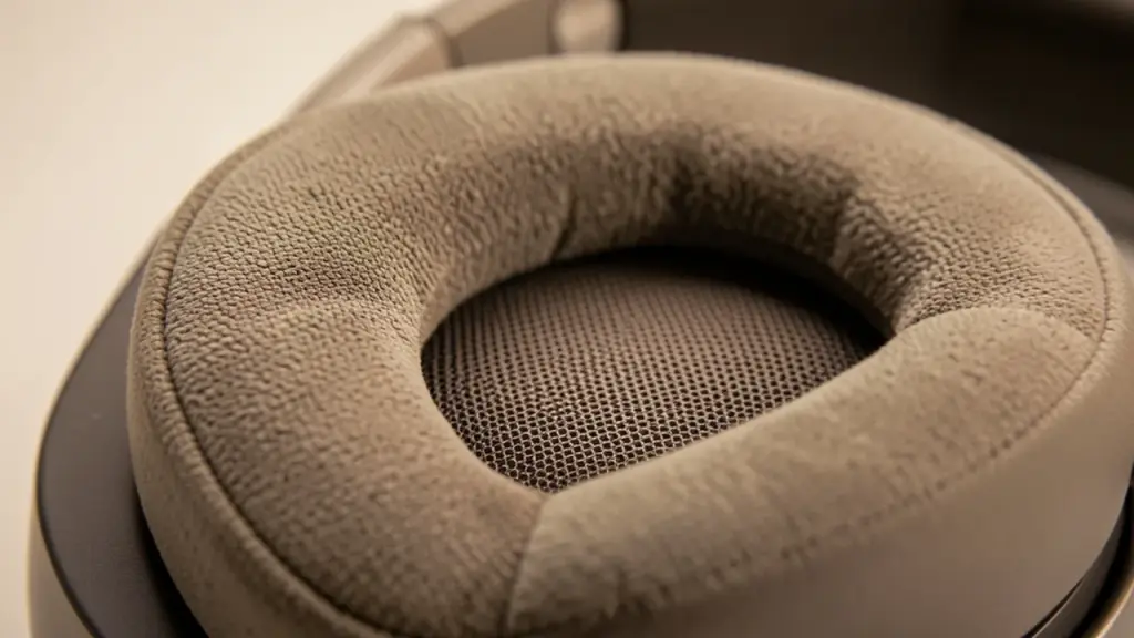 Close-up of a headphone ear cup's soft cushioning and mesh