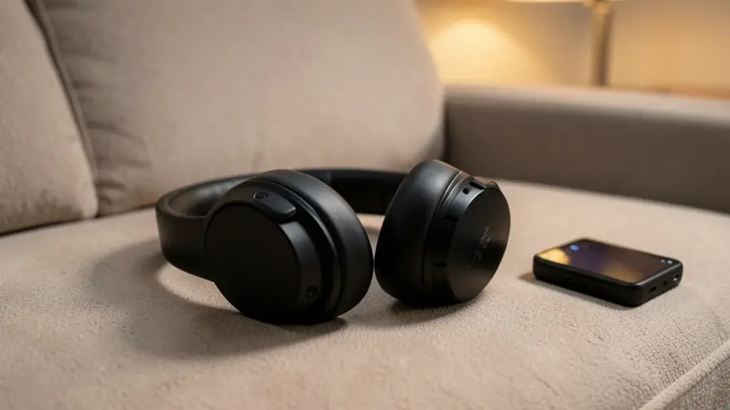 A black gaming headset lying flat on a sofa beside a small wireless adapter