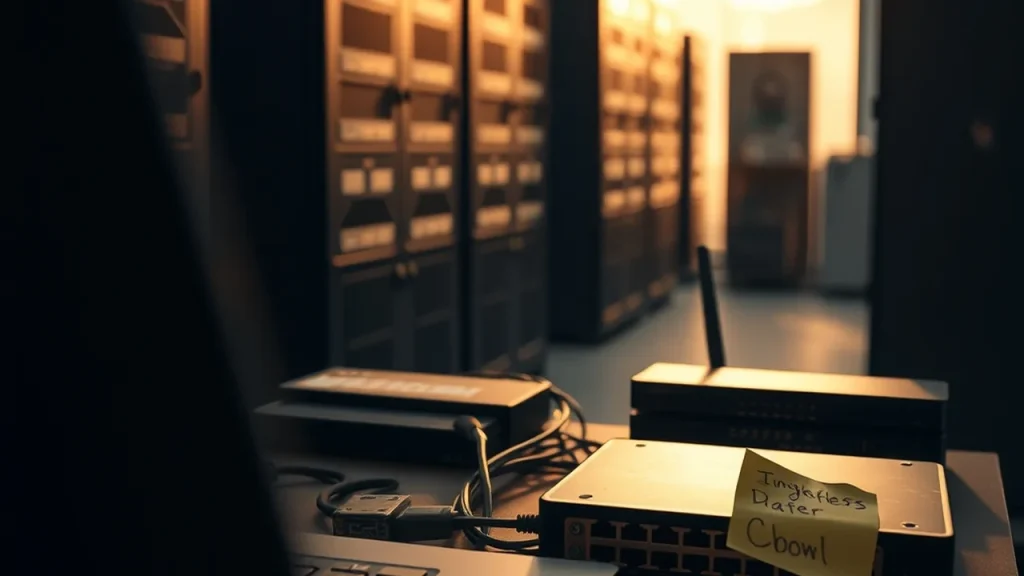 Desk beside server racks with closed laptop and network switch in dim light