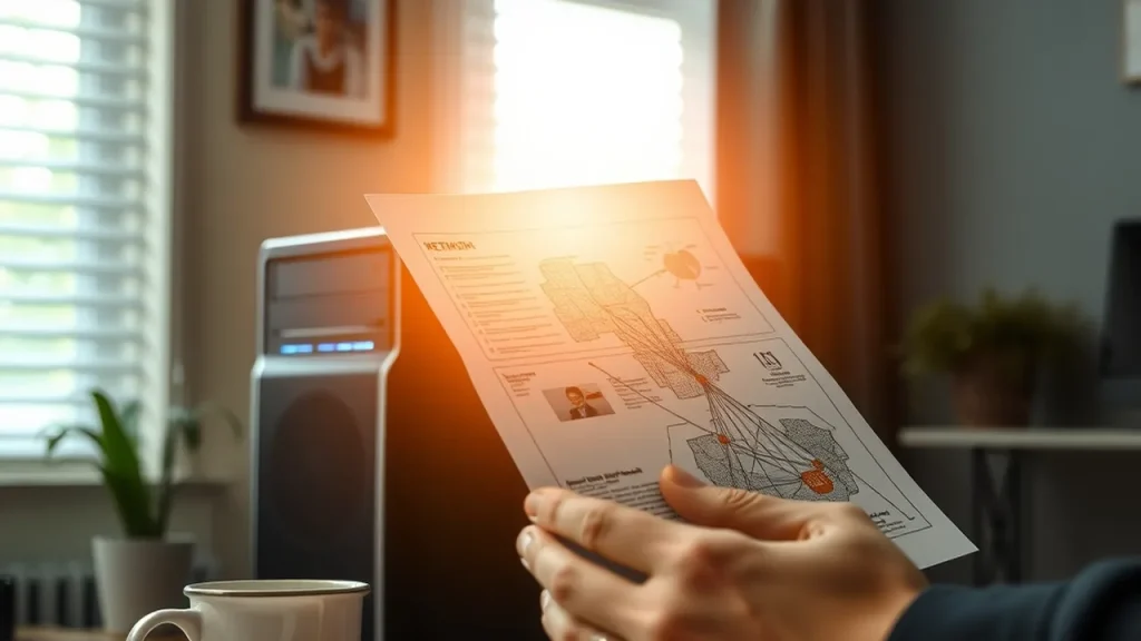 Home office scene with desktop tower and hands, network printout nearby