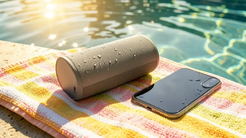 A water-resistant portable speaker beside a swimming pool