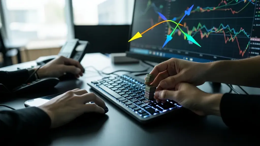 Hands trading tokens over a dual-path trading setup after an election.