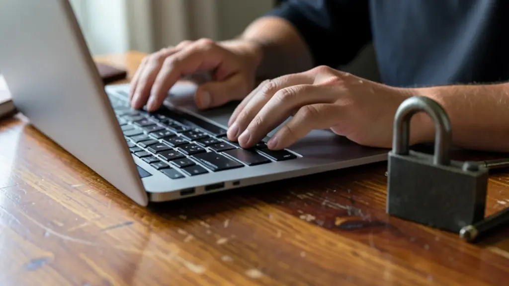 Hands typing on a laptop next to a padlock paperweight
