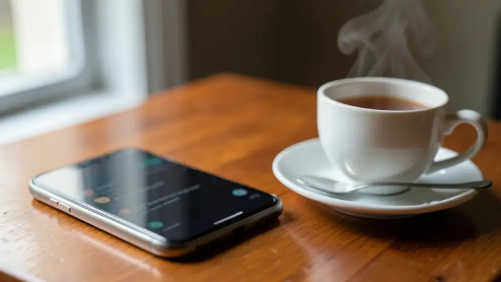 A phone showing a blurred email inbox on a desk