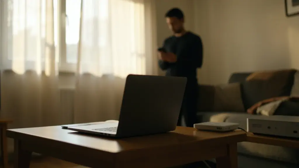 Apartment living room with router and NAS visible, occupant silhouette checking phone worriedly