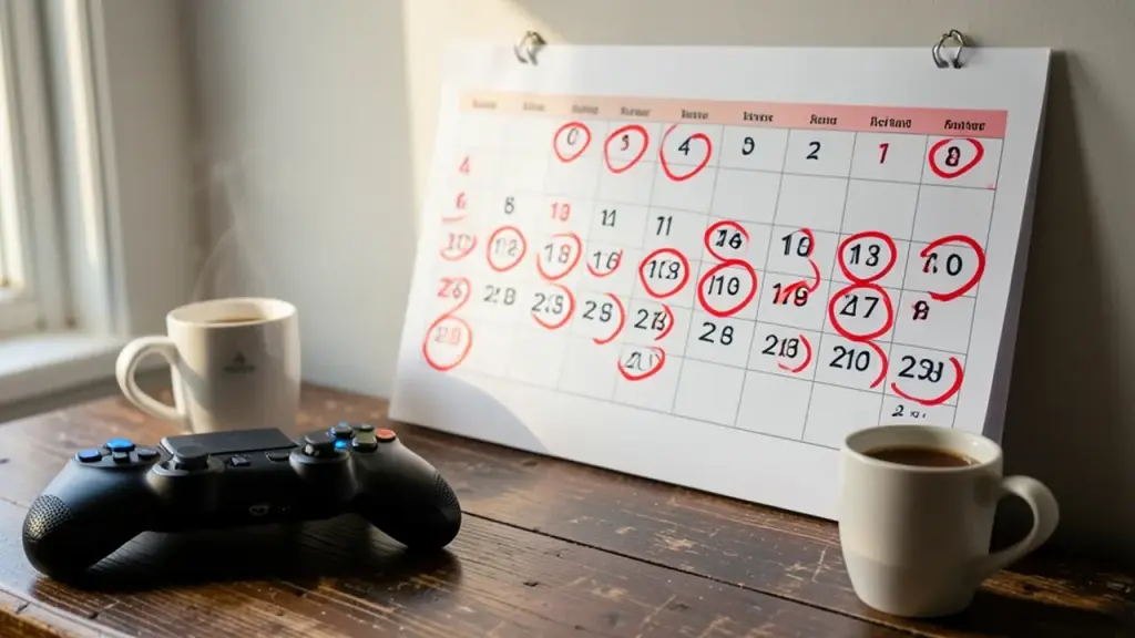 A wall calendar with circled dates above a desk with a game controller