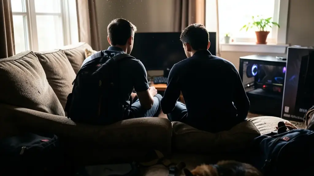 Two players on couch gearing up for co-op with game box and dog harness