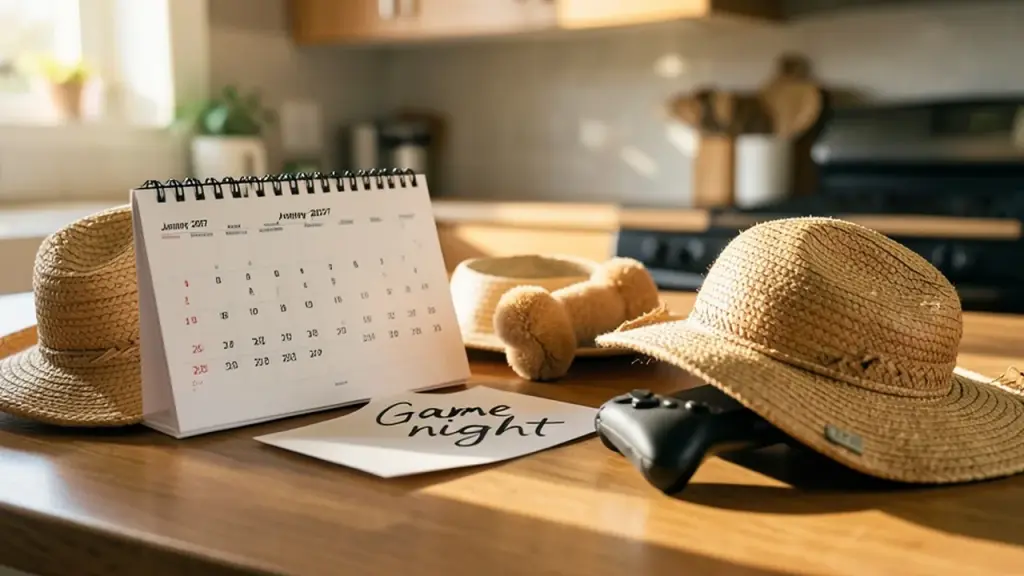 Kitchen counter with calendar marked Jan 2027, hats, plush dog and PS5 controller
