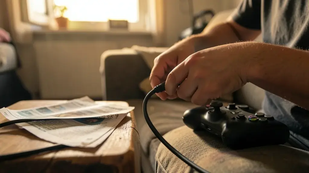 Hands unplugging a console network cable with controller and leaflet nearby